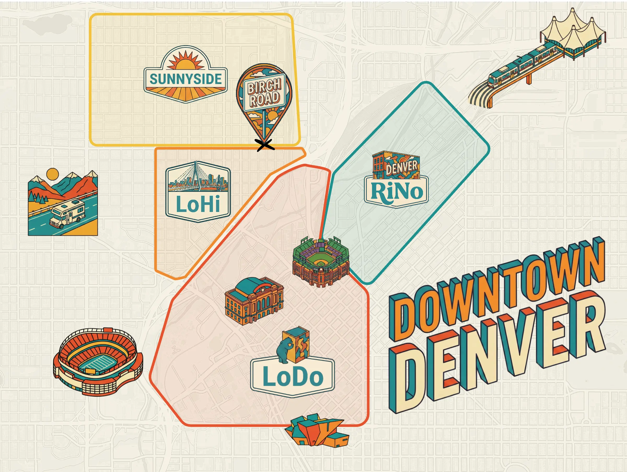 Downtown Denver neighborhood map showing The Birch Road venue in Sunnyside, plus LoHi, LoDo, and RiNo